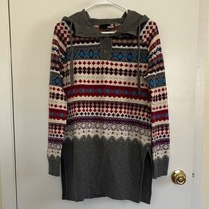 Moschino Gray Hooded V‑Neck Sweater with Multicolor Fair Isle Pattern